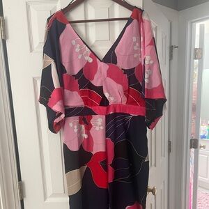 NEW Trina Turk Women's Blue/Pink Flounce-Hem Floral V-Neck Jumpsuit size 10